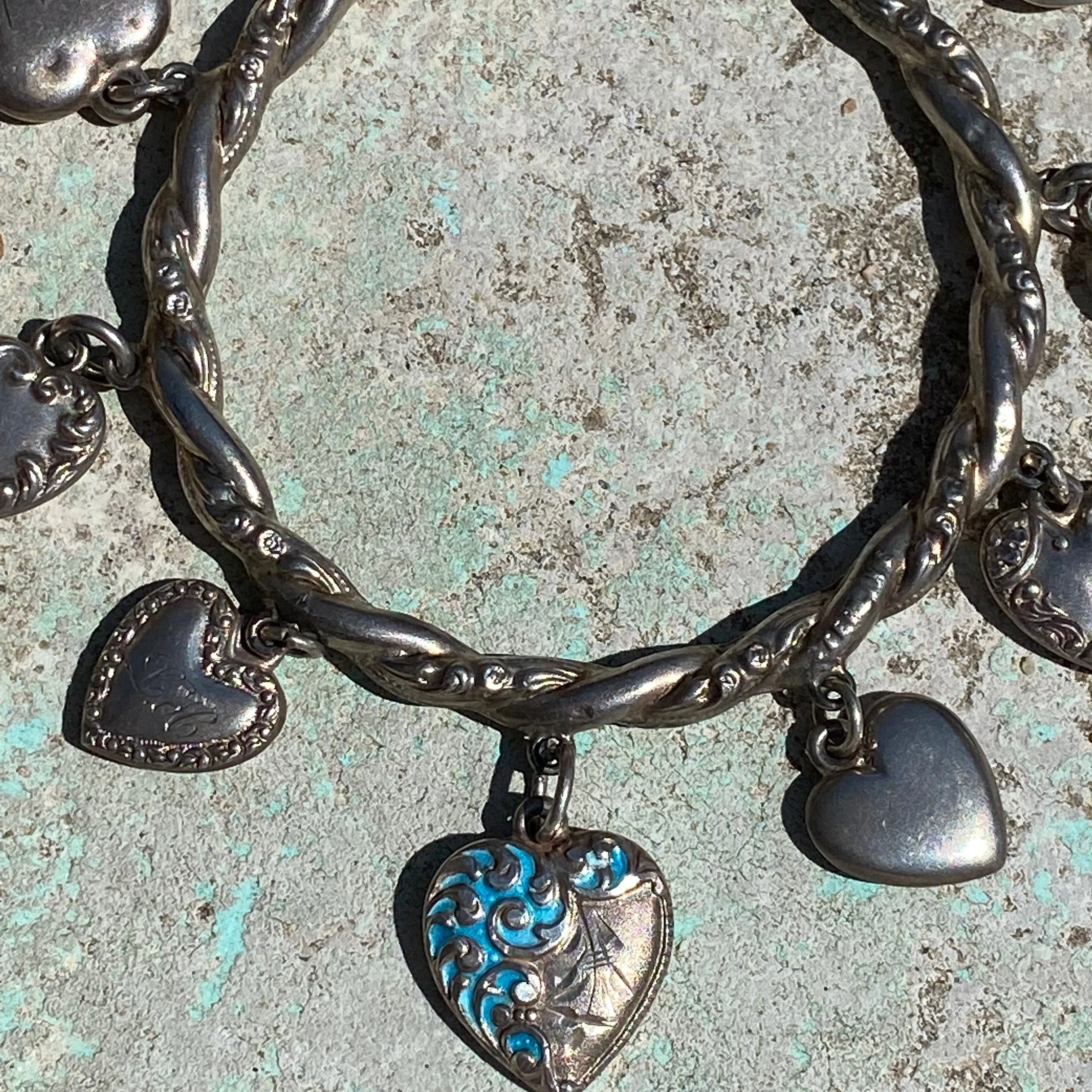 Antique Victorian Child's Bangle Puffy Heart Charm Bracelet in Sterling Silver