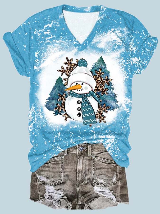 Women's Christmas Snowman Print V-Neck T-Shirt