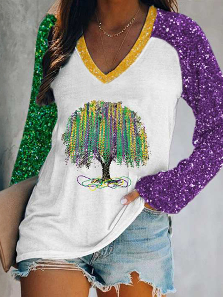 [CLEARANCE SALE]Mardi Gras Tree V-Neck Long Sleeve T-Shirt