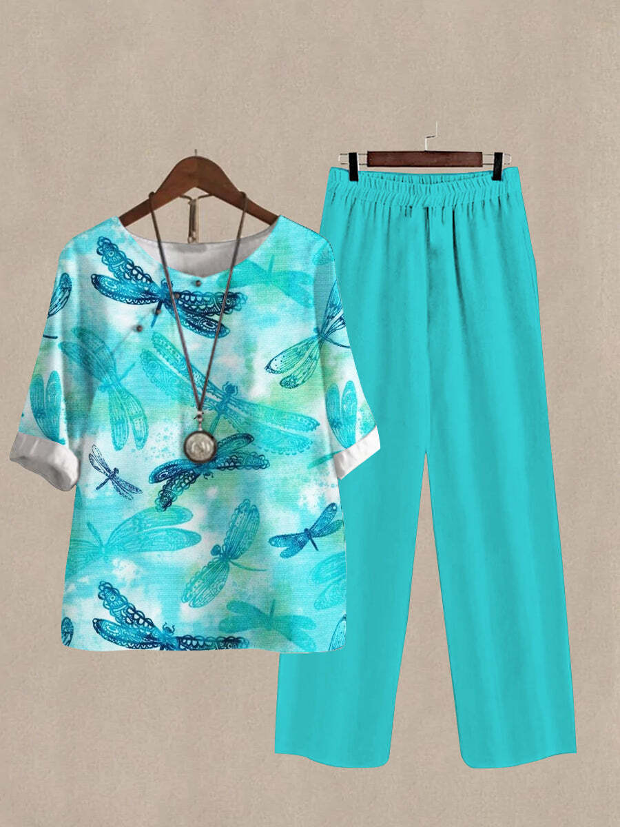 Women's Dragonfly Print Half Sleeve Top And Casual Pants Linen Two Pieces