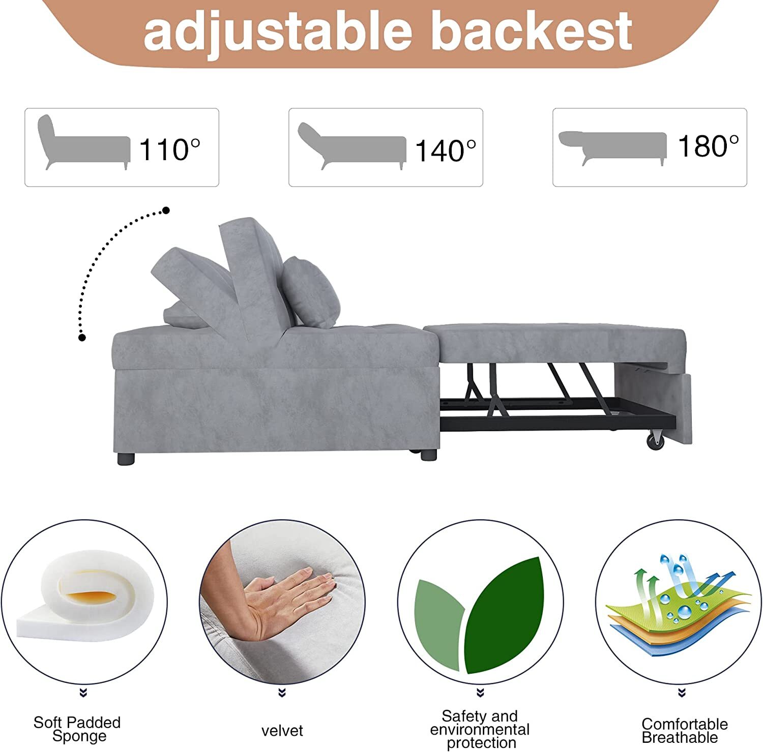Sofa Bed, Convertible Chair 4in1 Multi-Function Folding Ottoman Breathable Linen Guest Bed with Adjustable Sleeper