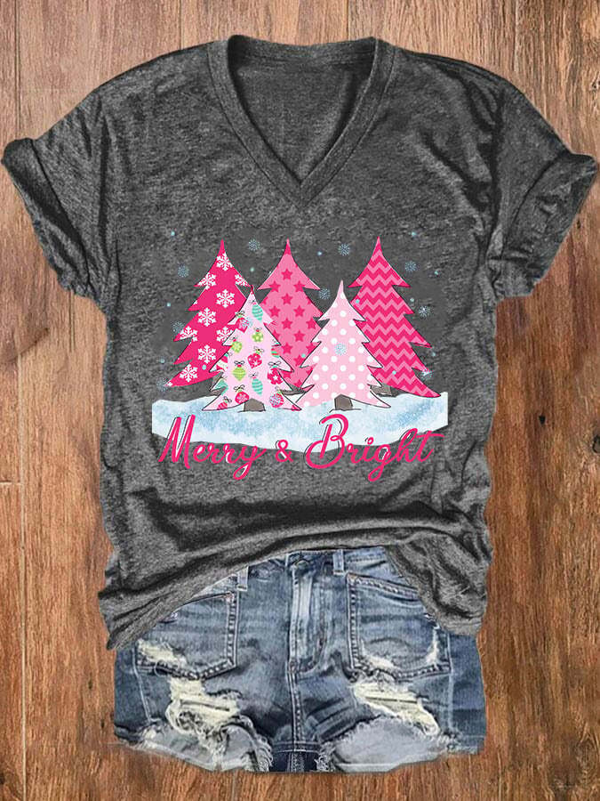 Women's Merry And Bright Pink Christmas Tree Print Casual T-Shirt