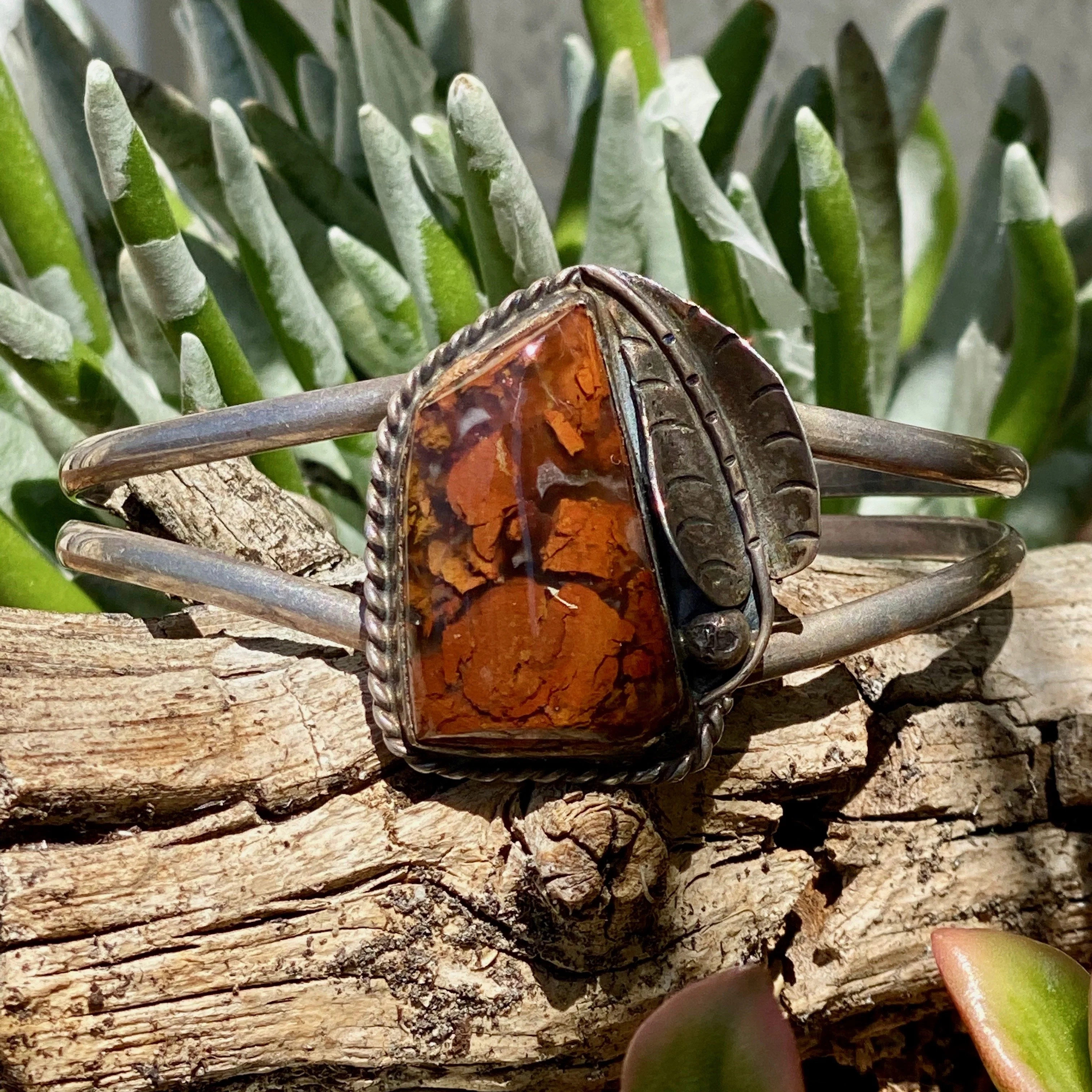 Early Navajo Bracelet with Red Petrified Wood by Lee G. Sterling Silver