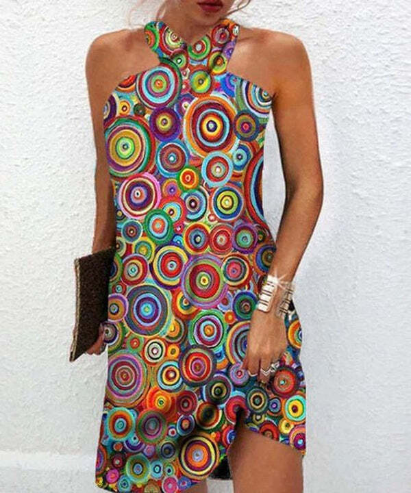 Psychedelic Colorful Spiral Print Halter Mini Dress