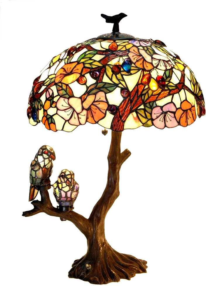 4-Light Flowers and Birds Double Table Lamp Oval