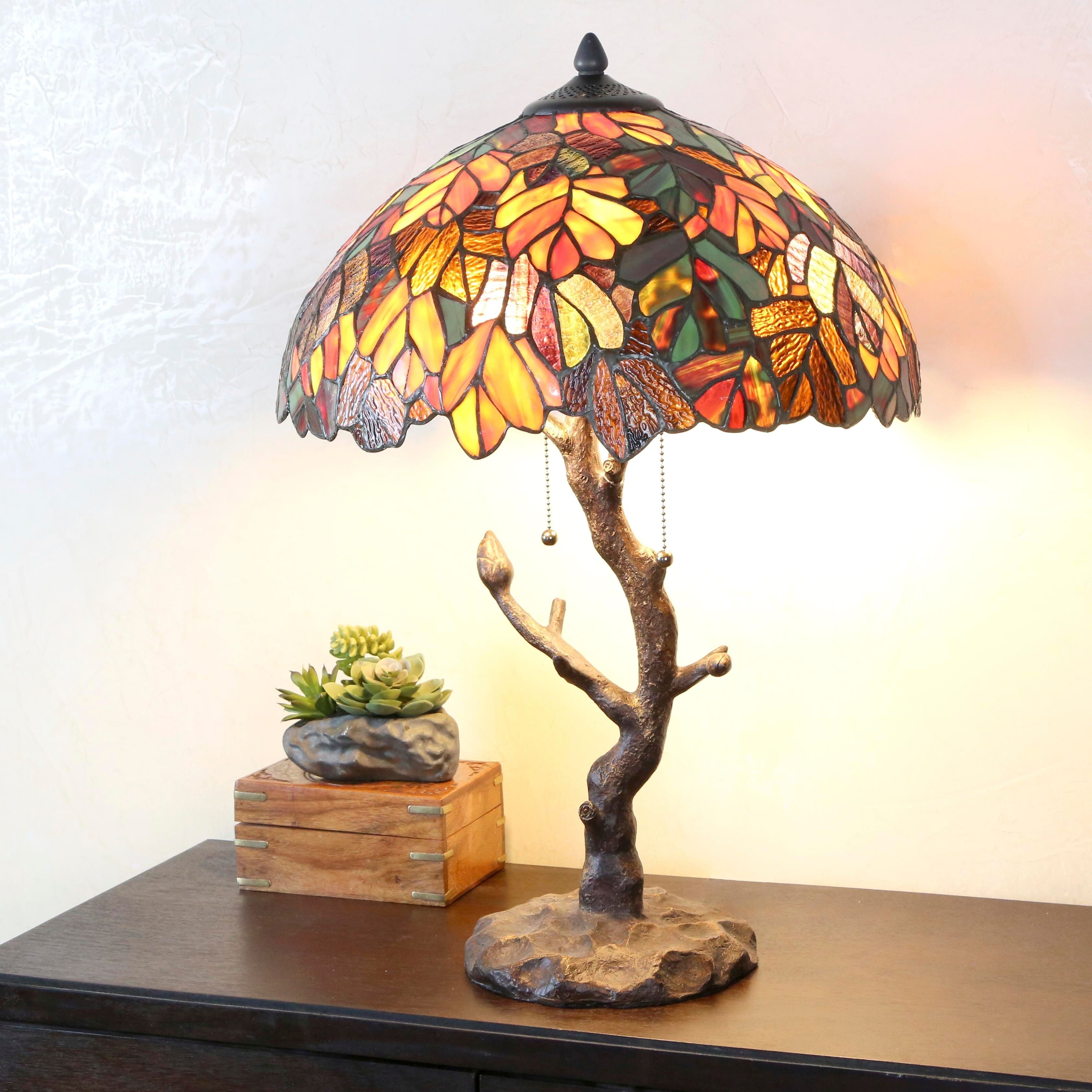 24.5 in. Multi-Colored Indoor Table Lamp with Stained Glass Tree Trunk Base