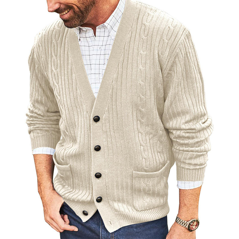 Men's English Solid V-Neck Jacquard Knit Sweater Jacket
