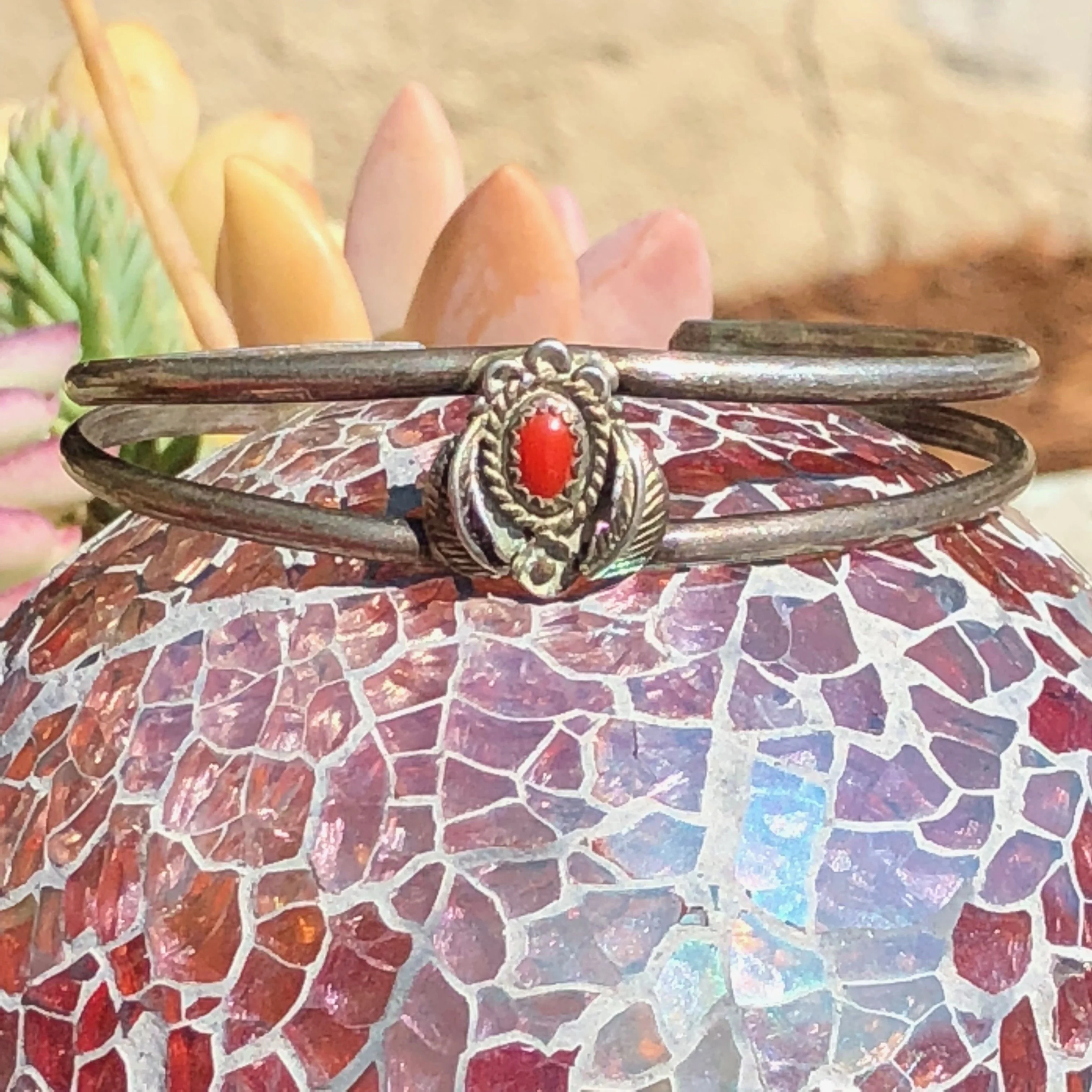 Southwestern Pulled Sterling Silver Wire Cuff Bracelet with Red Coral