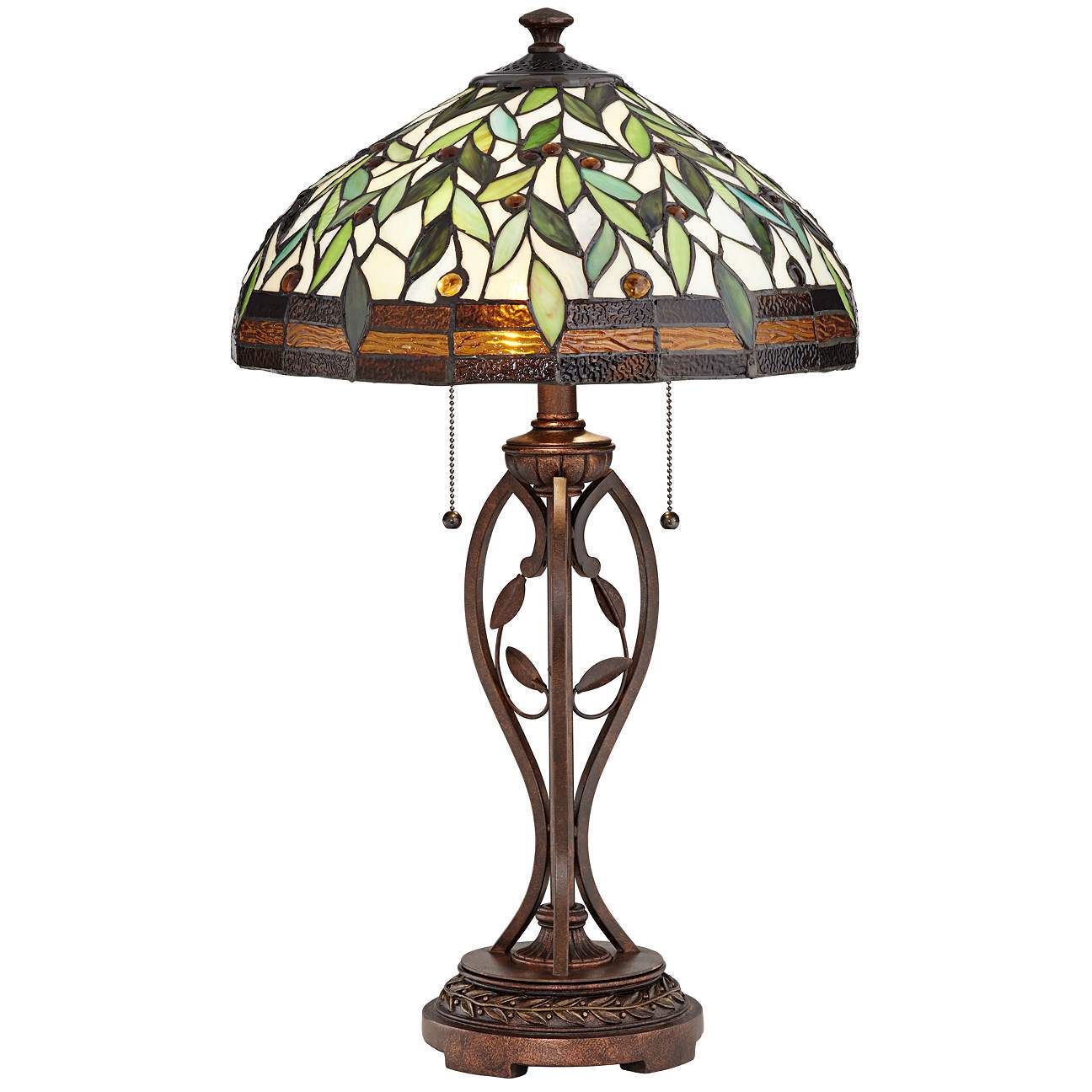 Blossoming Leaf and Vine Bronze Stained Glass Table Lamp