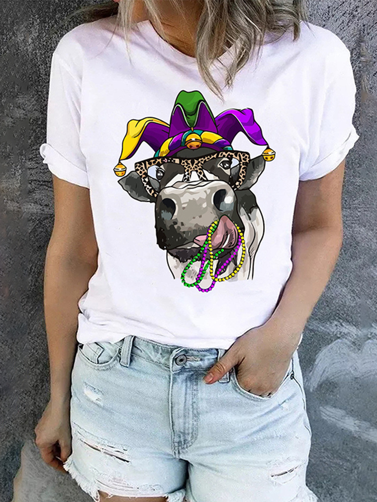 [CLEARANCE SALE]Mardi Gras Cow Graphic Round Neck T-Shirt
