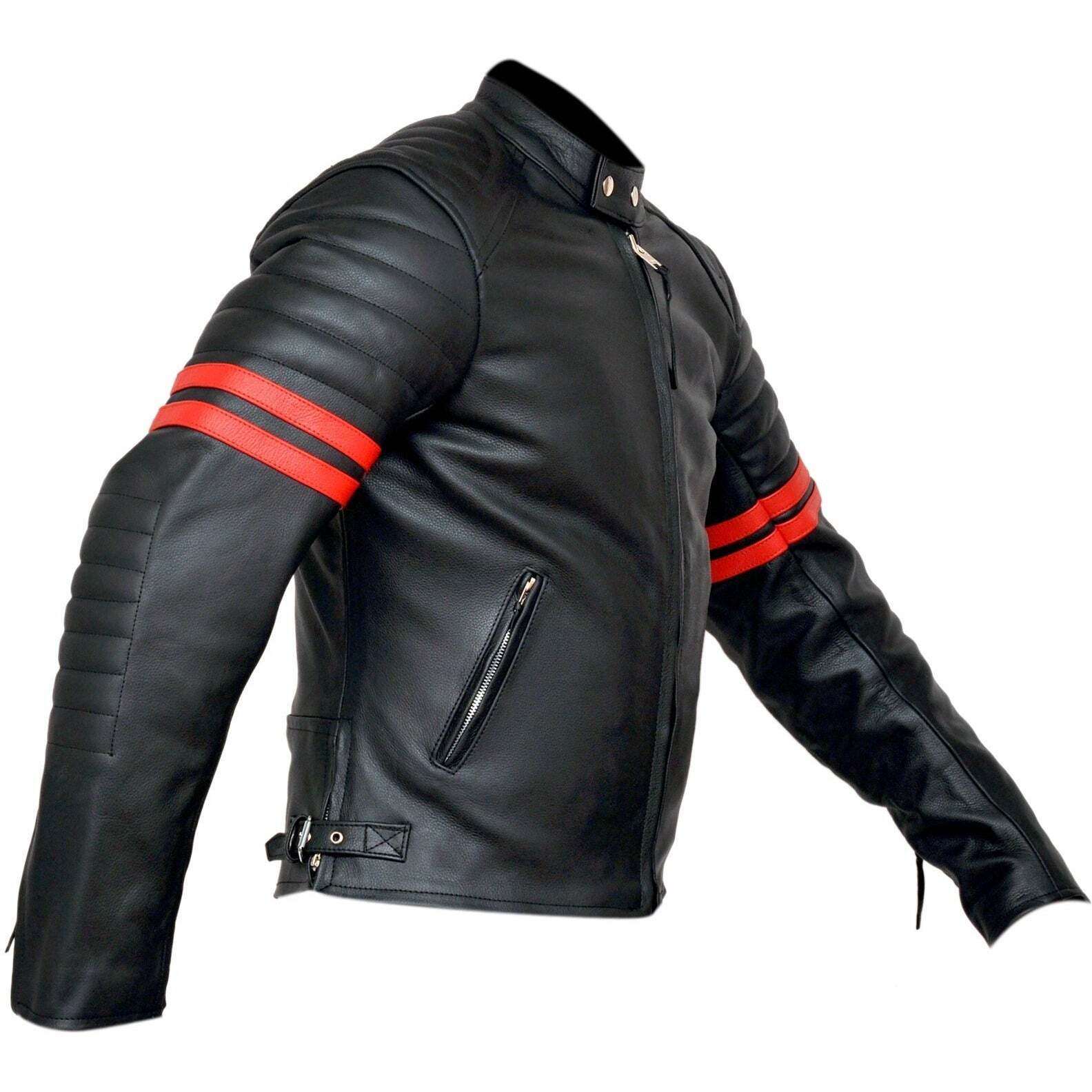 Fight Club 2 Red Striped Cafe Racer Style Retro Leather Jacket