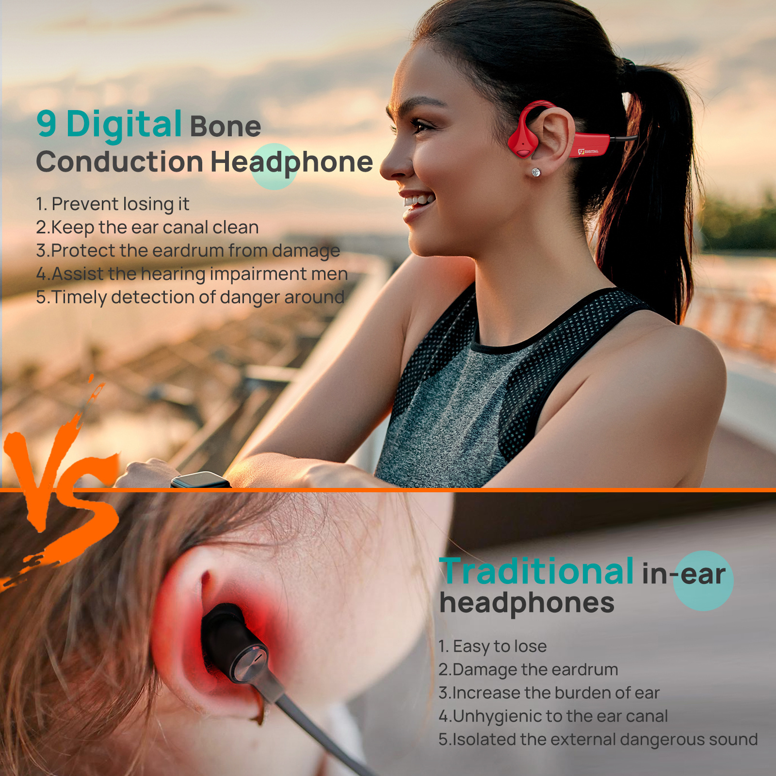 Bone Conduction Headphones with Noise Reduction Tech, 9 Digital N1 Open Ear Headphones with MIC, Jawbone Headphones Bluetooth 5.0 Sport Headset Sweatproof for Running, Bicycling, Hiking, Yoga -Red