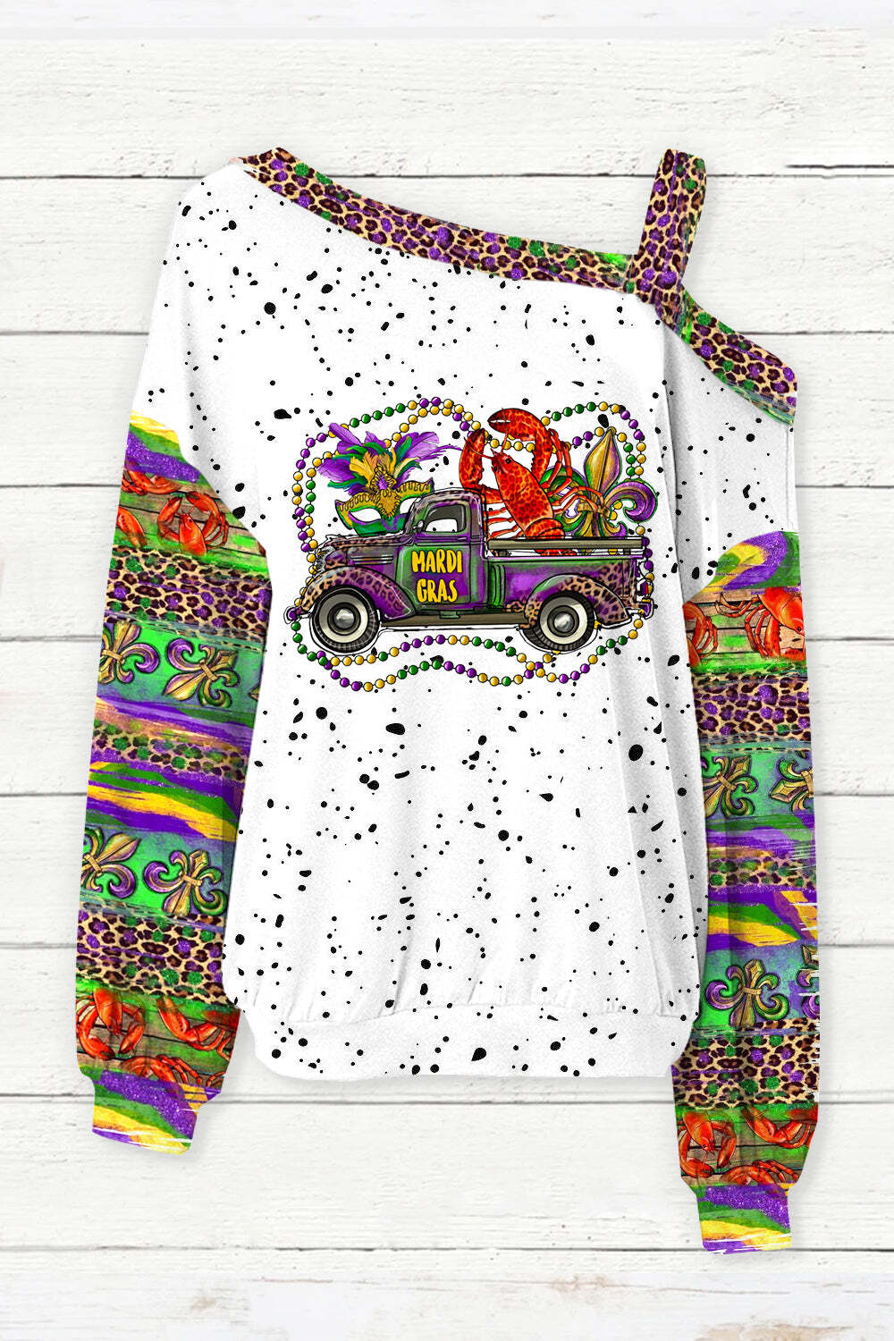 [CLEARANCE SALE]Mardi Gras Truck With Mask Fleur De Lis And Crawfish Western Leopard Print Off-Shoulder Blouse