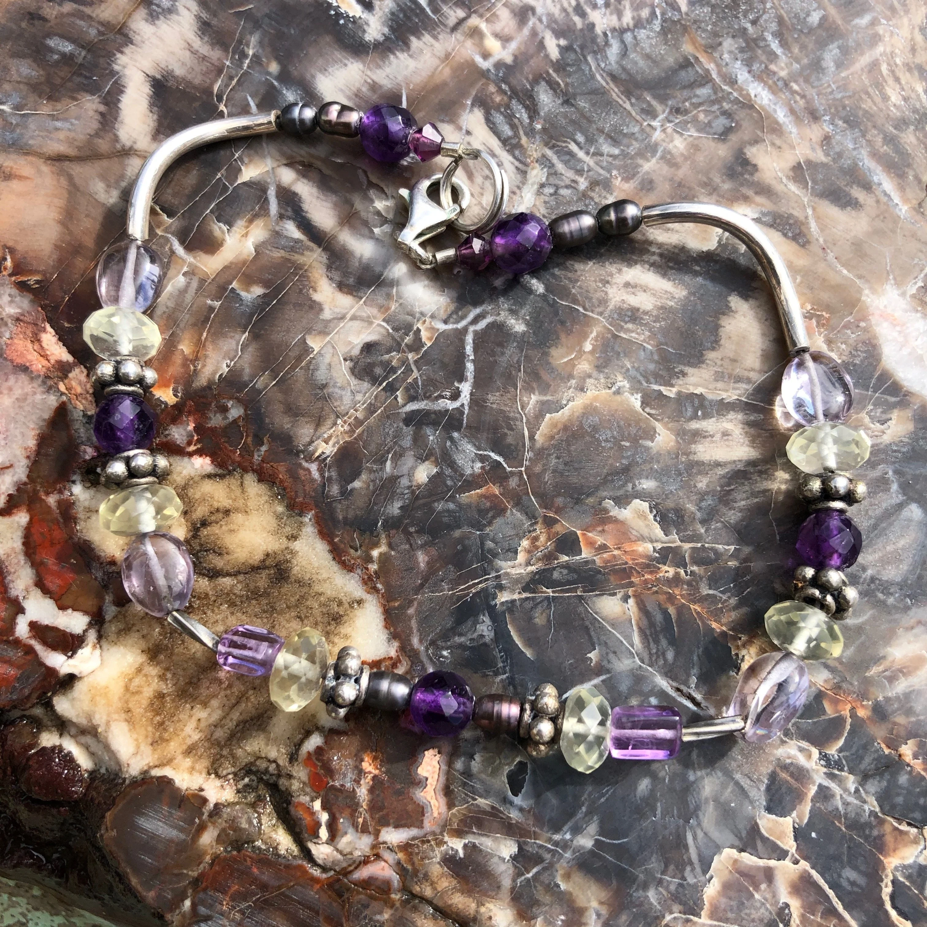 Anklet Beaded with Citrine Quartz and Amethyst in Sterling silver
