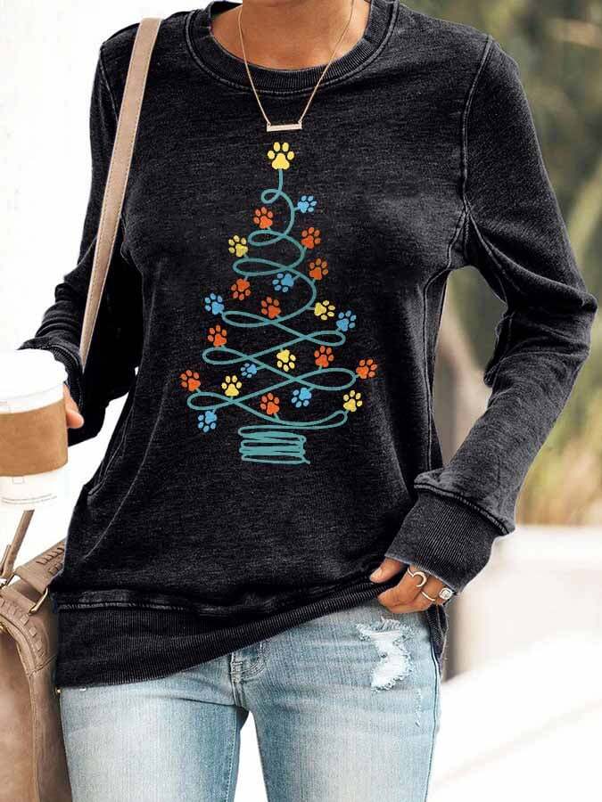 Funny Dog Paws Christmas Tree Print Sweatshirt