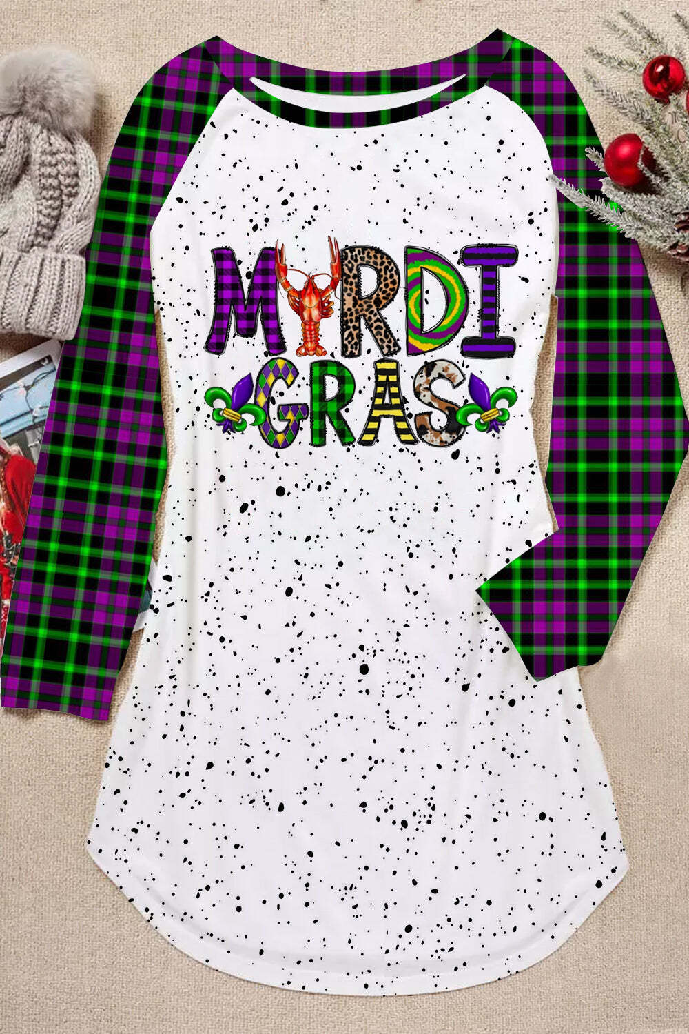 [CLEARANCE SALE]Mardi Gras Plaid Crawfish With Fleur De Lis Polka Print Tunic