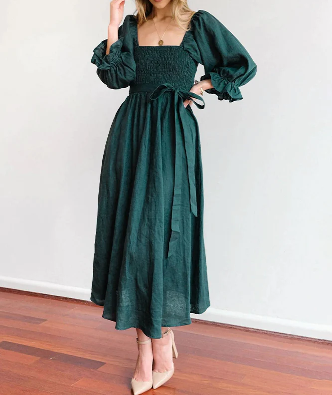 French Ruffled Lantern Sleeves Multi-wear Dress