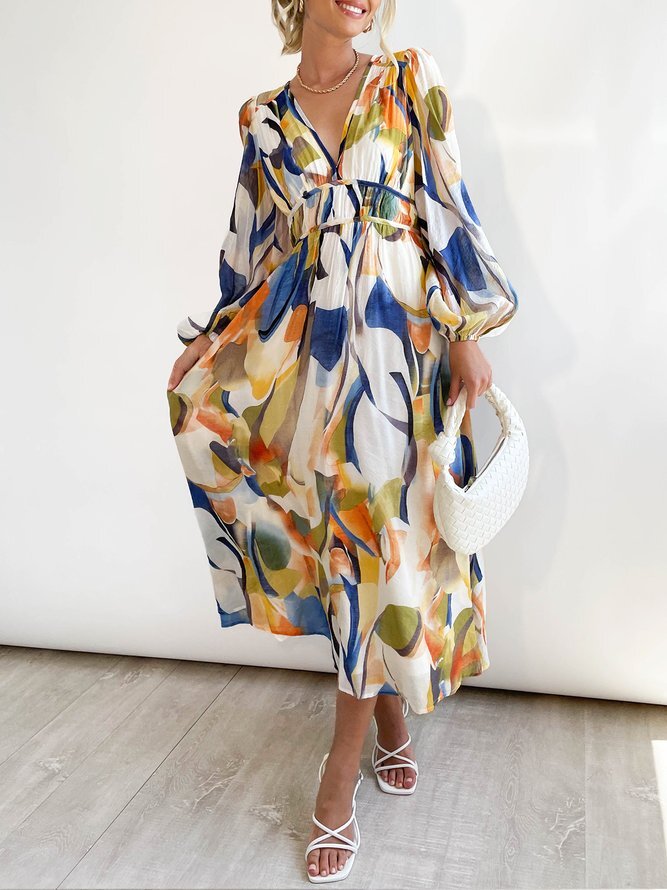 Long Sleeve Colorful Abstract Print Midi Dress