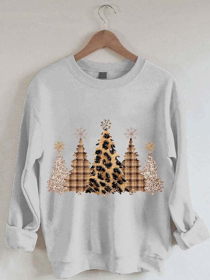 Women' Leopard Check Christmas Tree Print Casual Sweatshirt
