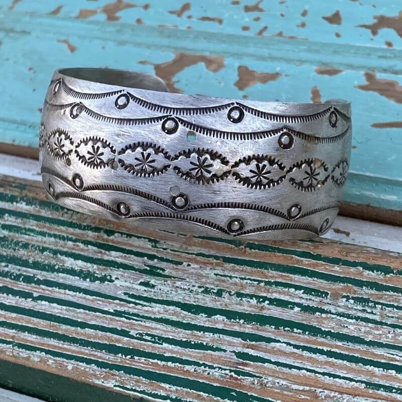 Navajo Stamp Decorated Sterling Silver Wide Cuff by Jason Livingston Navajo