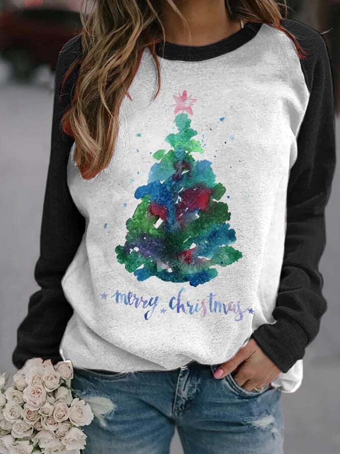 Women's Merry Watercolor Christmas Tree🎄 Print Casual Sweatshirt