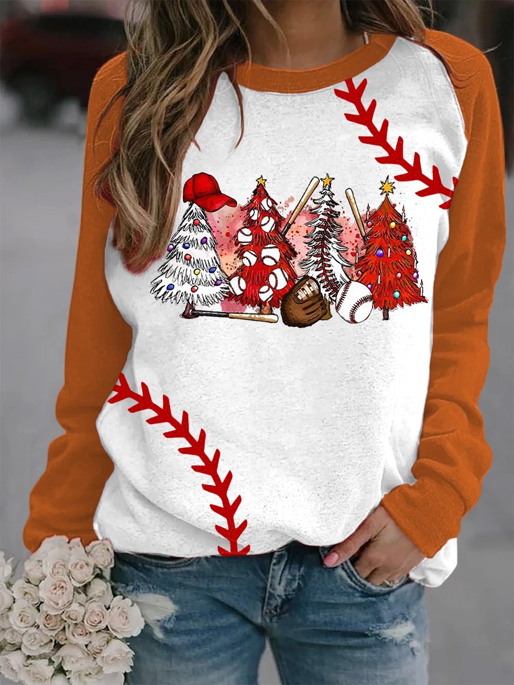 Women's Merry Christmas Baseball Print Long Sleeve Top