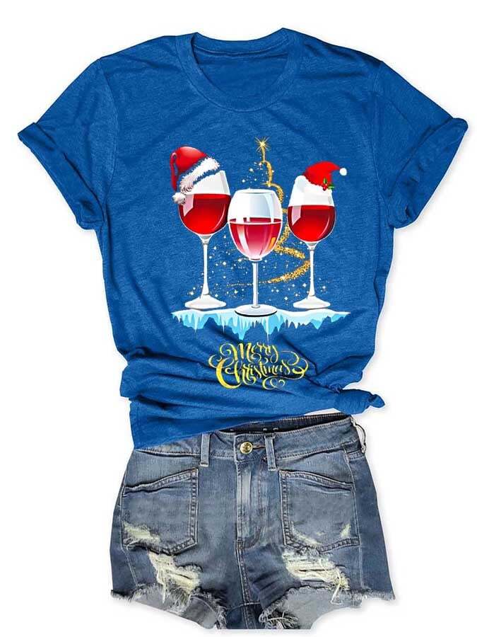 Women's Wine Simple Christmas Print Casual T-Shirt