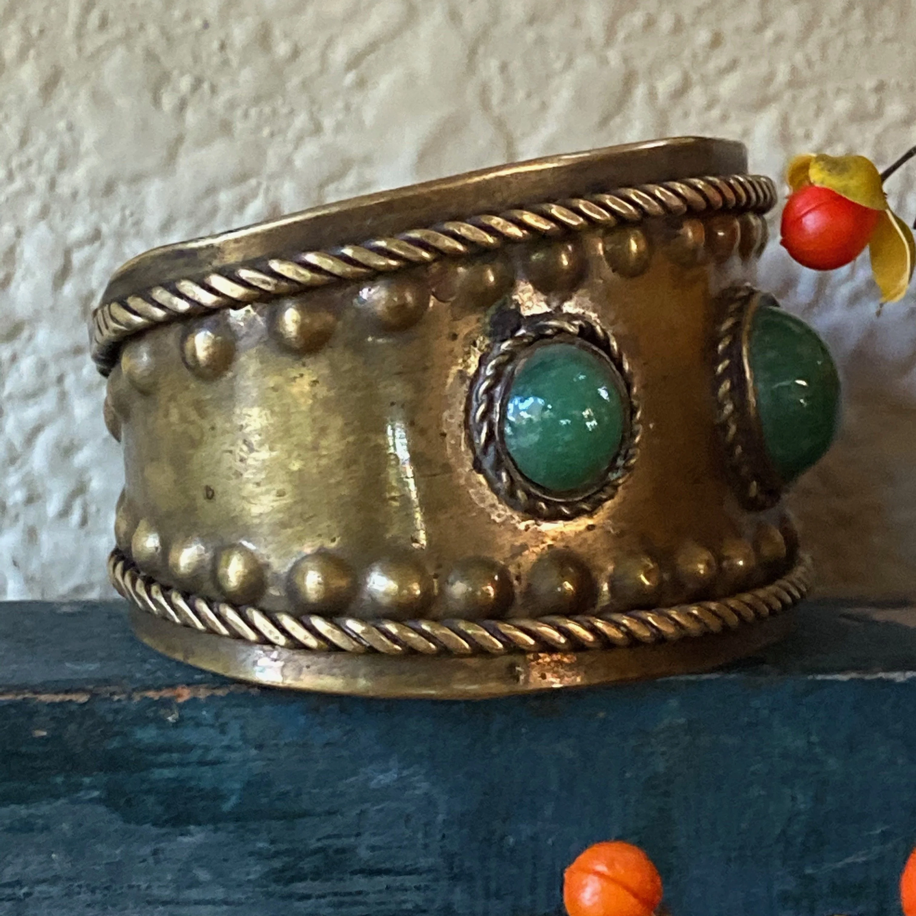 Brass Boho Bracelet with Green Glass Stones