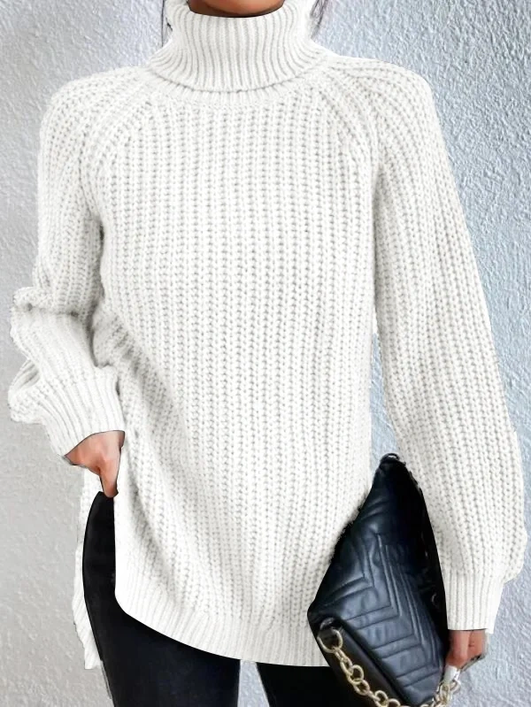 Cotton Turtleneck Raglan Sleeve Split Hem Sweater