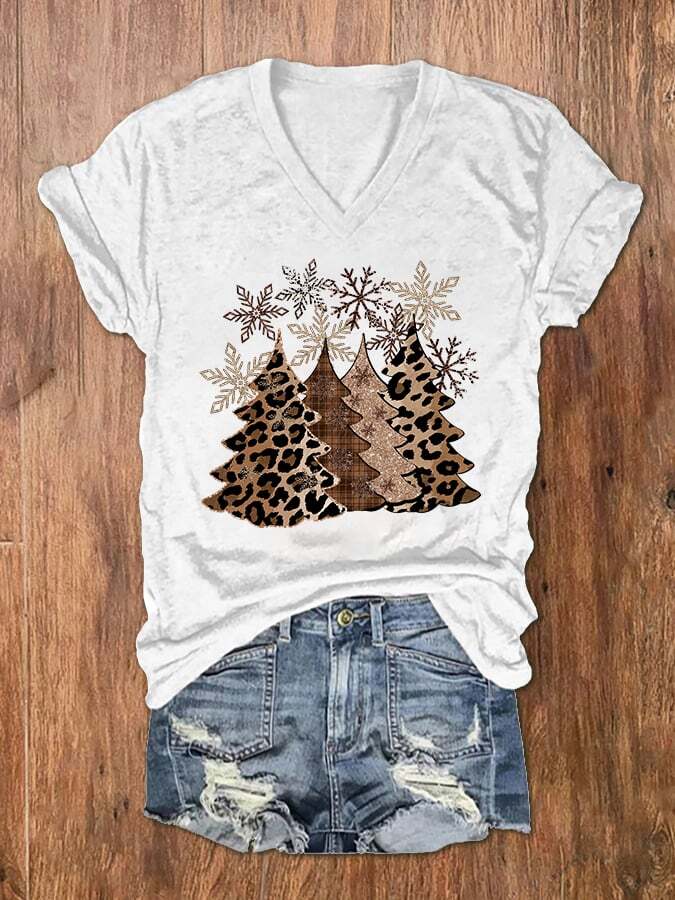 Women's Leopard Christmas Tree Print V-Neck T-Shirt