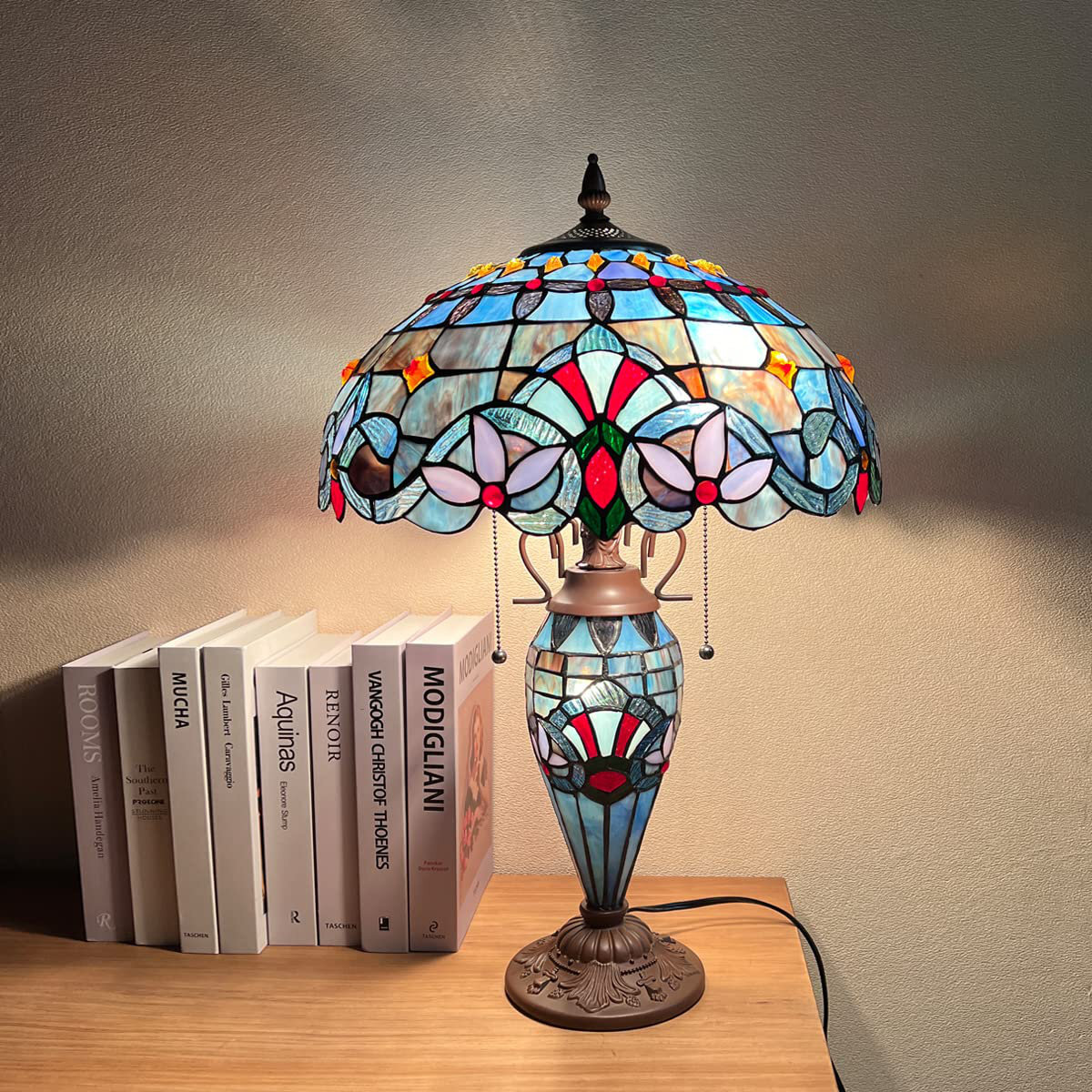 Tiffany Large Table Lamp 3-Light With Nightlight Rustic Victorian Style Desk Light