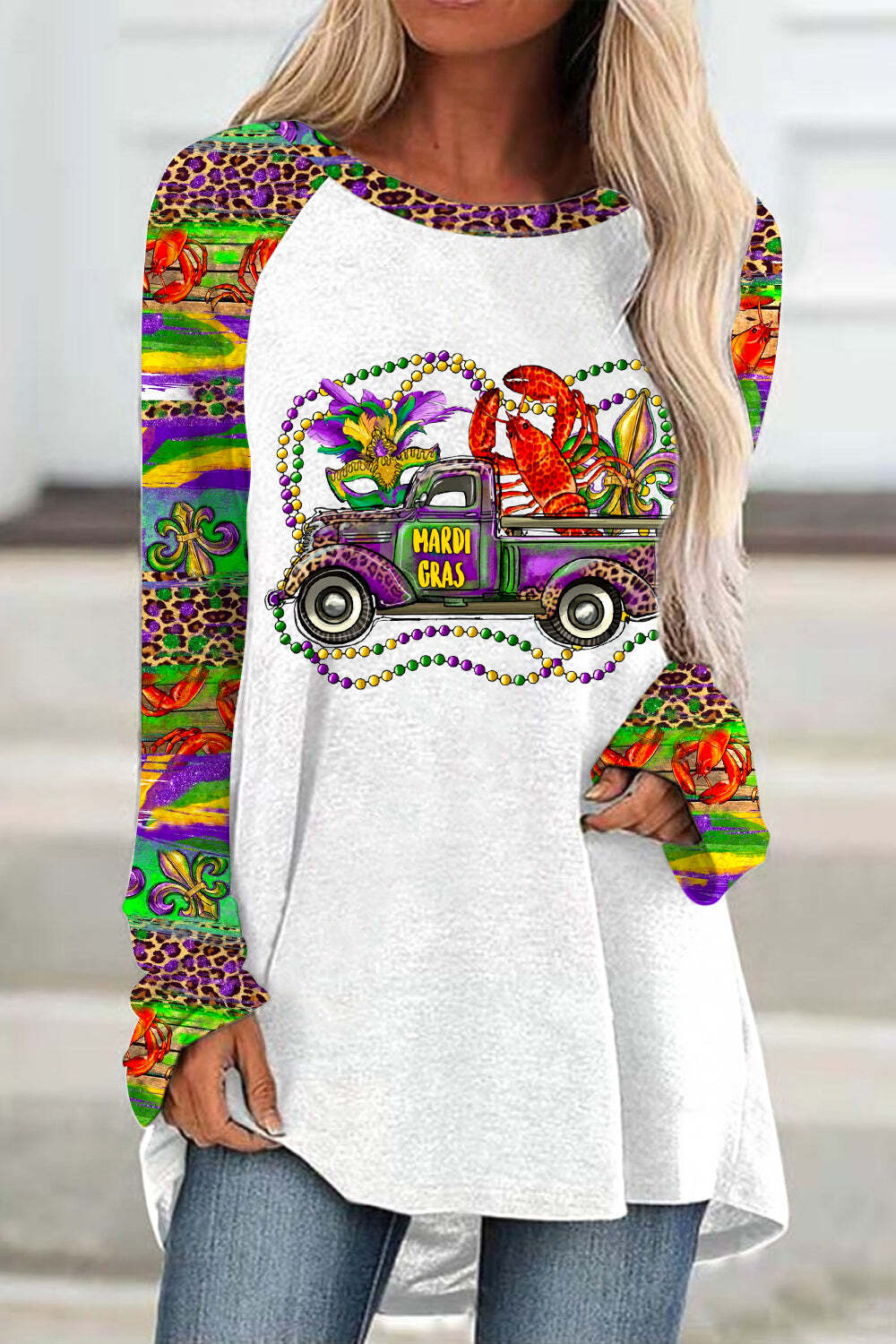 [CLEARANCE SALE]Mardi Gras Truck With Mask Fleur De Lis And Crawfish Western Leopard Print Tunic