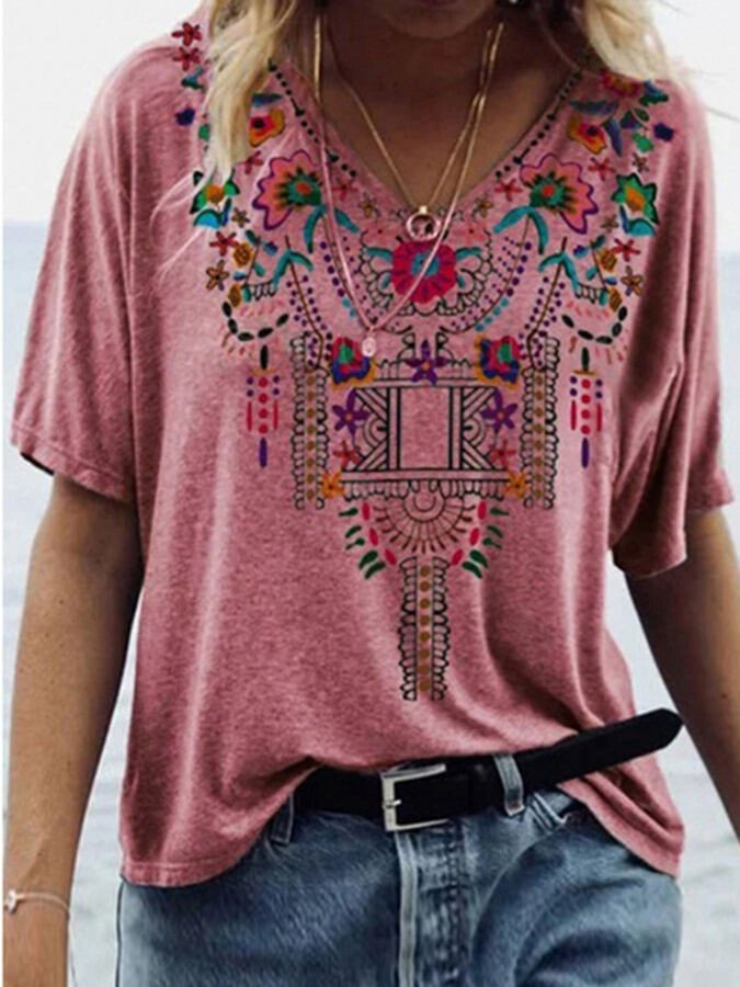 Ladies Spring/Summer V-Neck Ethnic Print Short Sleeve T-Shirt