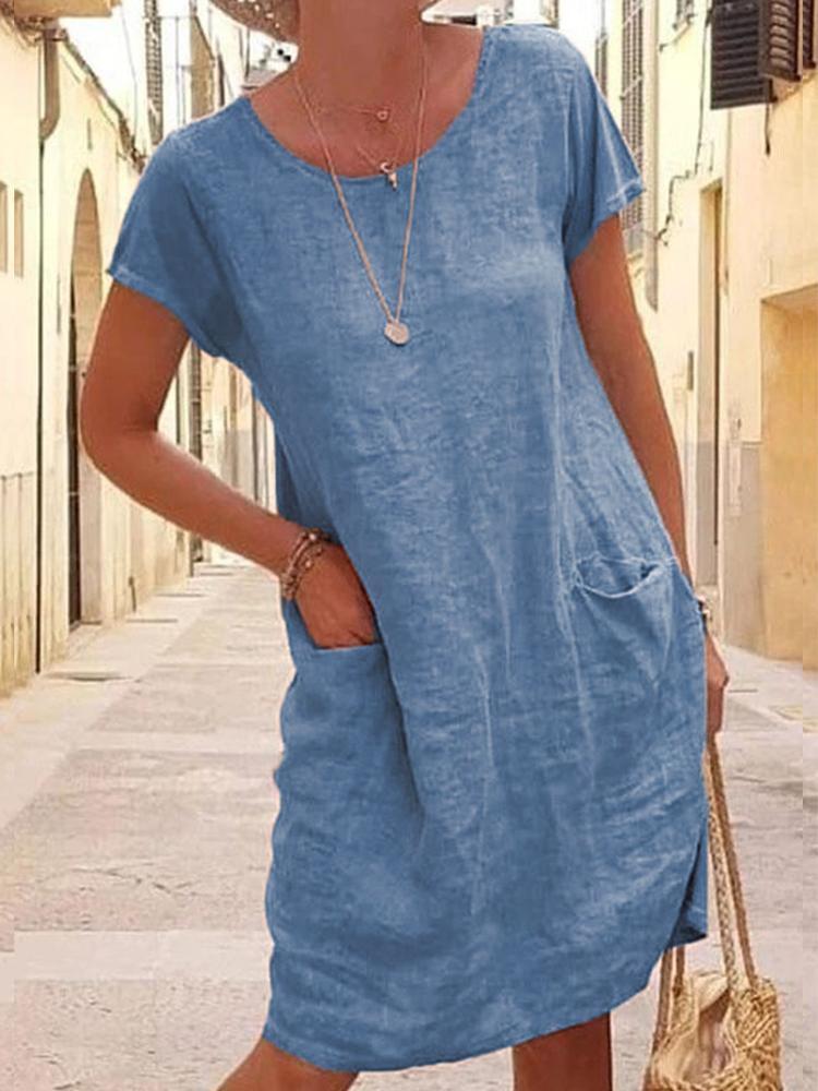 Women's New Summer Loose Solid Color Short-sleeved Round Neck Cotton Linen Midi Dress