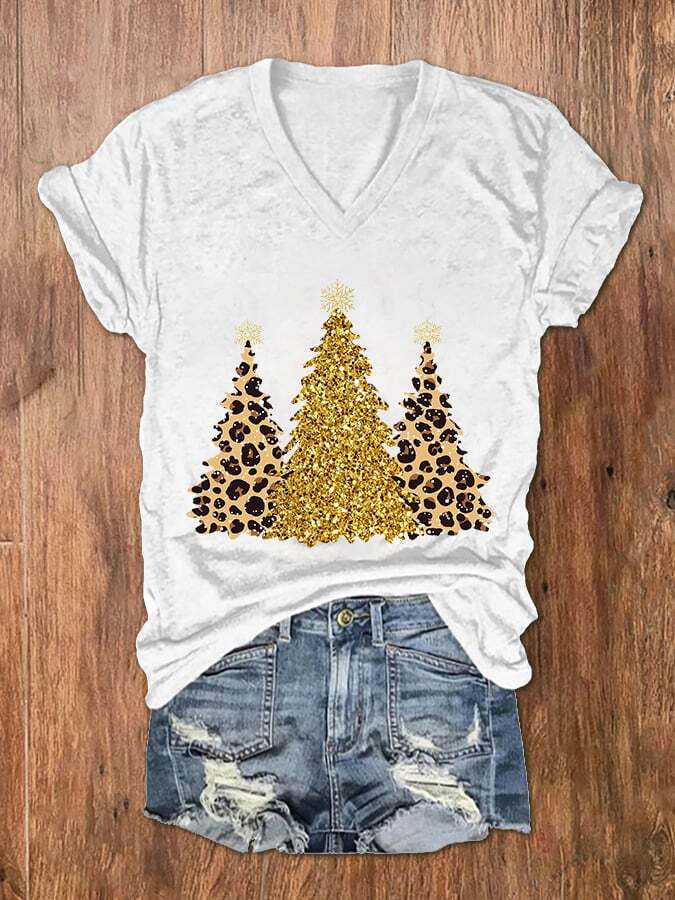 Women's Leopard Christmas Tree Print V-Neck T-Shirt