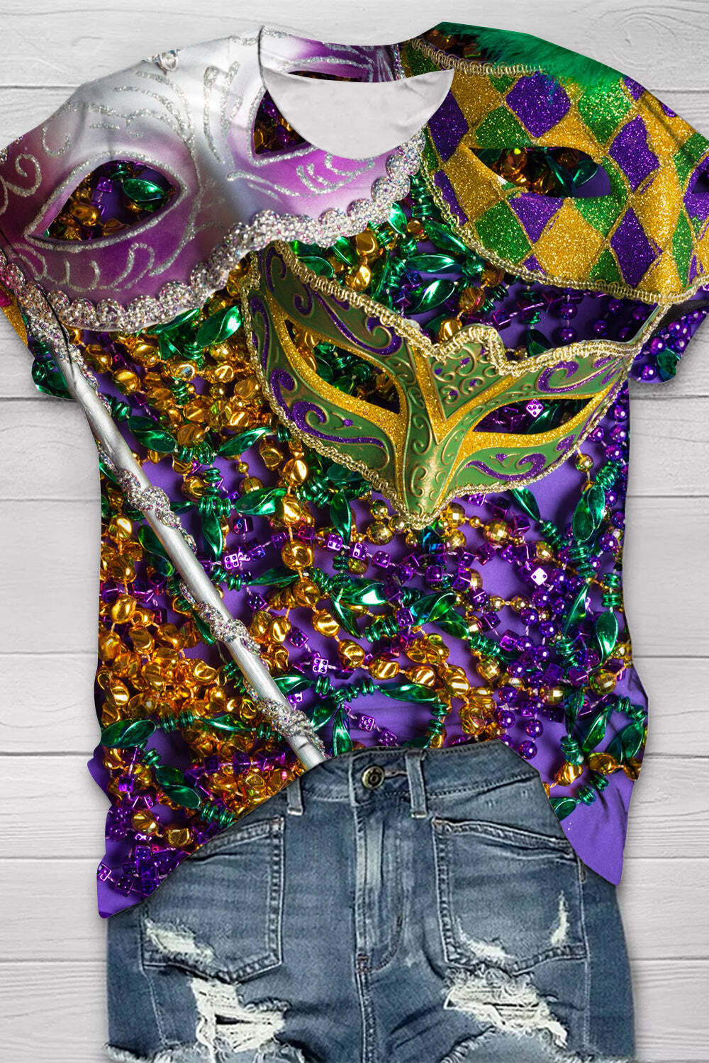 [CLEARANCE SALE]Mardi Gras Sequin Mask With Colored Beads T-Shirt