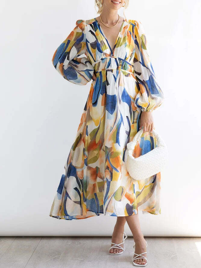 Long Sleeve Colorful Abstract Print Midi Dress