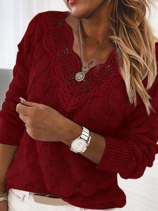 Solid lace V-neck casual sweater