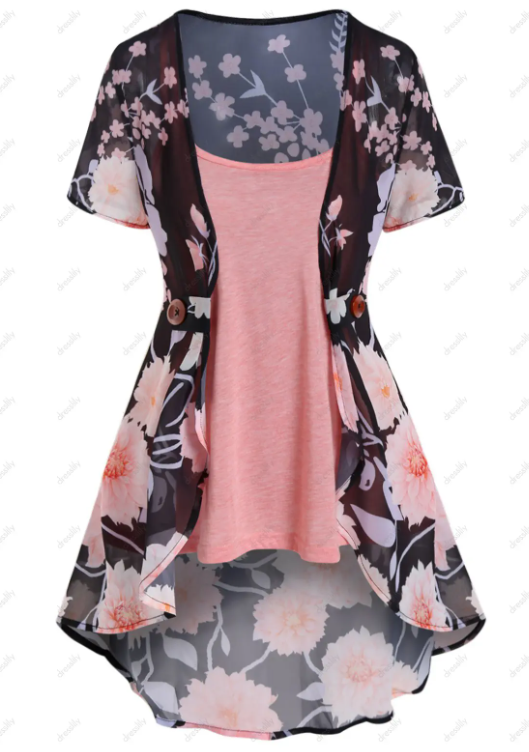 Flower Print Open Front Top Heathered Camisole And Lace Applique Capri Leggings Casual Outfit