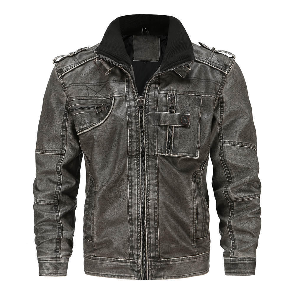 Men's retro casual stand collar washed leather jacket