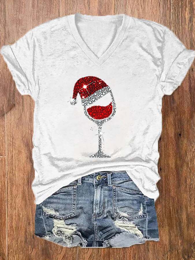 Women's Merry Christmas Wine Glass V-Neck Tee