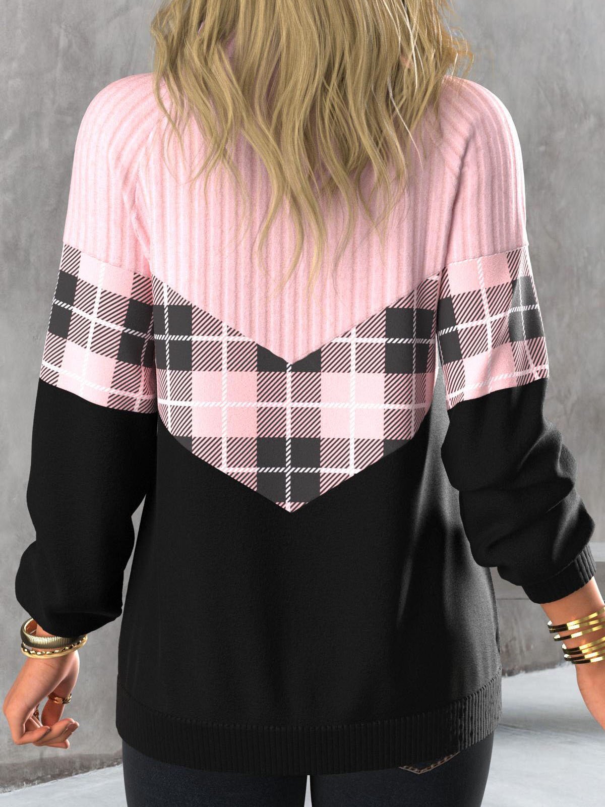 Pink Paneled Plaid Long Sleeve Zip Sweatshirt