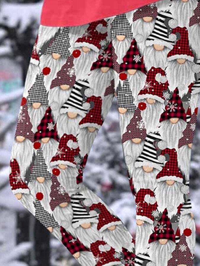 Casual Christmas Cute Gnome Snowflake Plaid Print Leggings