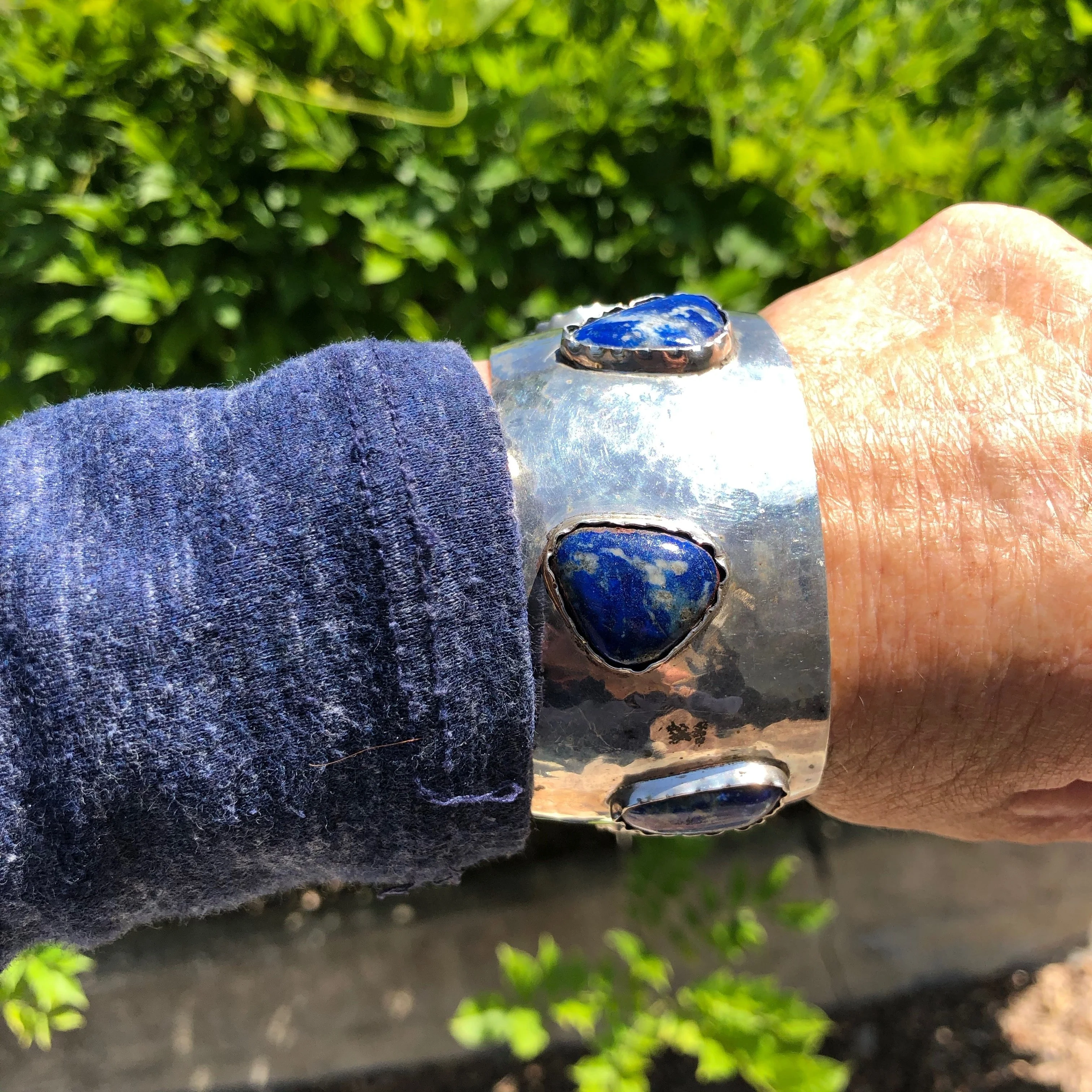 Wide Cuff Bracelet with 6 Denim Blue Lapis Lazuli Stones Sterling Silver