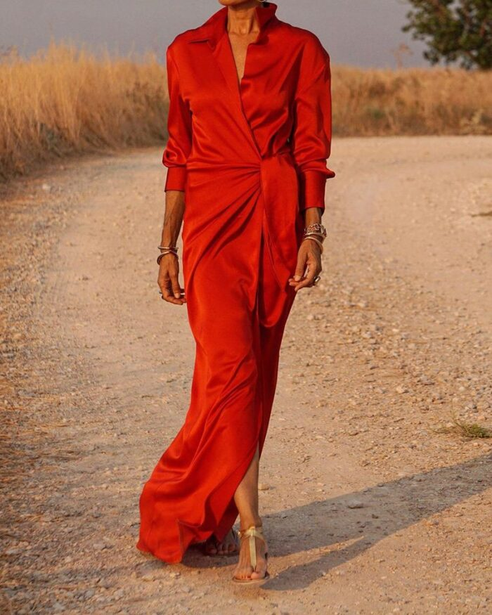 LONG SLEEVE TIE SOLID LAPEL RED DRESS
