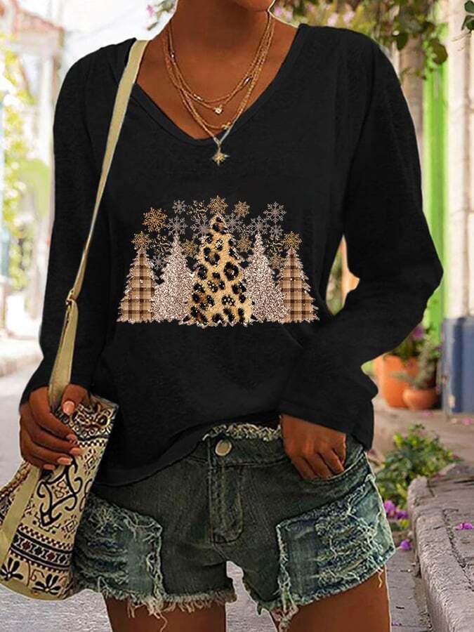 Women's Leopard Check Christmas Tree Print Long Sleeve V-Neck T-Shirt