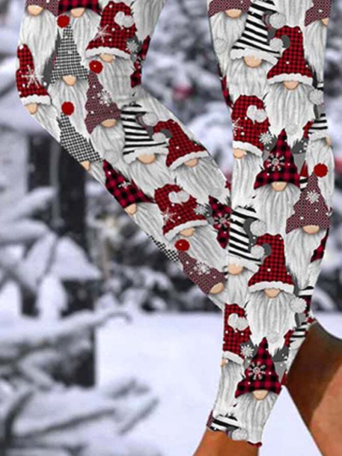 Casual Christmas Cute Gnome Snowflake Plaid Print Leggings