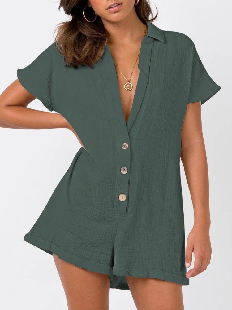 Women's Cotton And Linen Loose Button Deep V Neck Sexy Jumpsuit Shorts