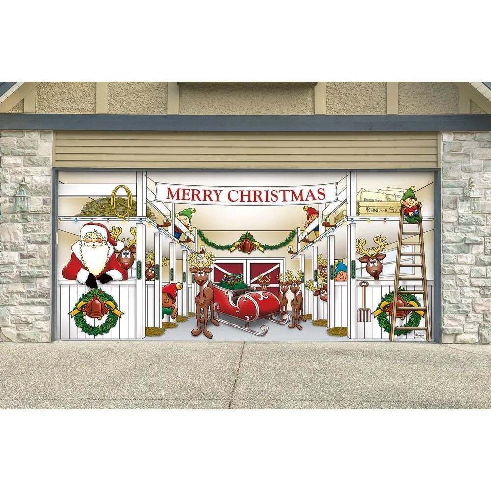 🎁7 ft. x 16 ft. Huge Santa's Reindeer Barn Christmas Garage Door Decor  for Double Car Garage