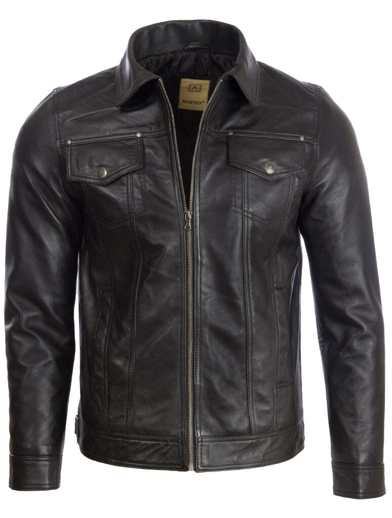 Men's Super-soft  Leather Classic Harrington Fashion Jacket (AGQ5) - Black